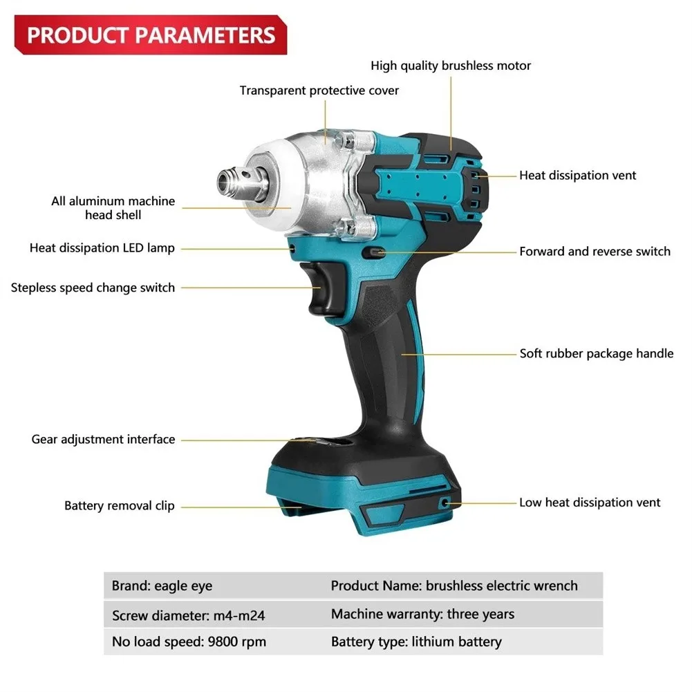 Imagem -05 - Brushless Electric Impact Wrench Cordless Screwdriver Corpo em 320n.m Soquete para 18v Makita 1860 1850 1840 Bateria