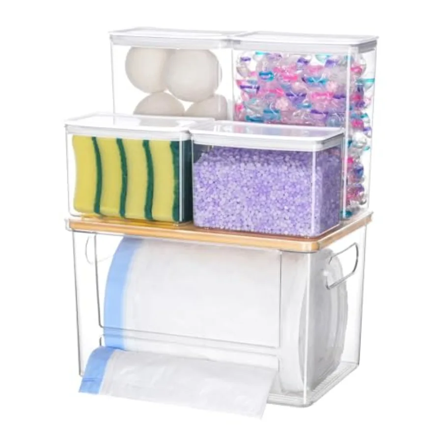 

Trash Bag Dispenser Dishwasher Pods Container 5 in 1 Garbage Bags Holder Under Sink Organizer Acrylic Laundry Pod Detergent Pow