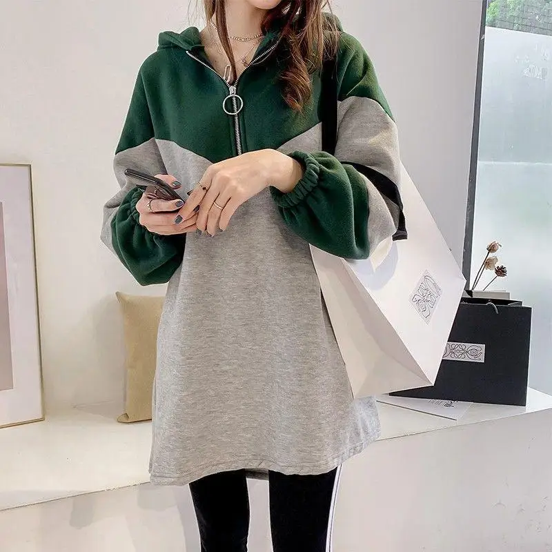 Fashion Patchwork Hoodies Sweatshirts Spring Autumn Long Sleeve Thin Contrast Mid-length Pullovers Casual Trend Women Clothing