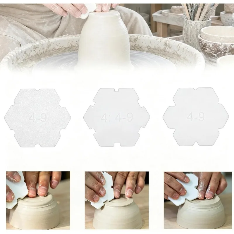 3‑Pack Pottery Trimming Templates, PLA Hexagon Shaper Tools with 6‑Size Grooves for Foot Ring & Rim Forming, V‑Round‑Square Profiles for Clay Thickness Control