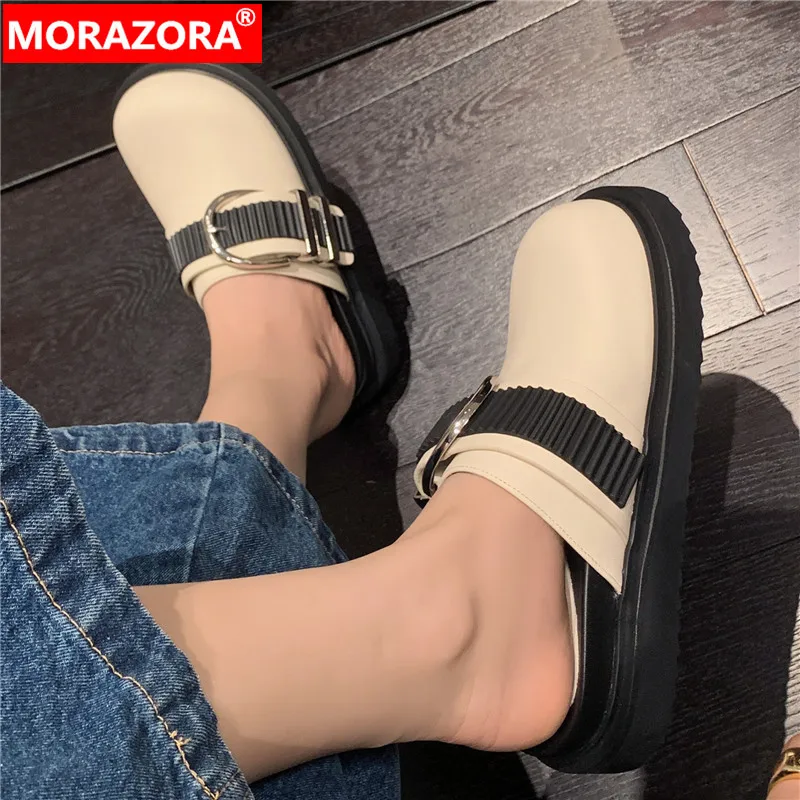 

MORAZORA New Genuine Leather Woman Slippers 2024 Mixed Colors Ladies Casual Platform Shoes Flat With Heels Buckle Slippers