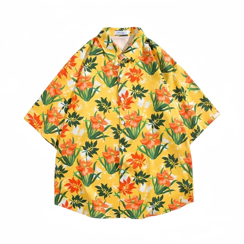 Camisa estampada de manga curta masculina, tops soltos casuais, casaco floral havaiano, bonito casaco vintage, moda de férias na praia, verão