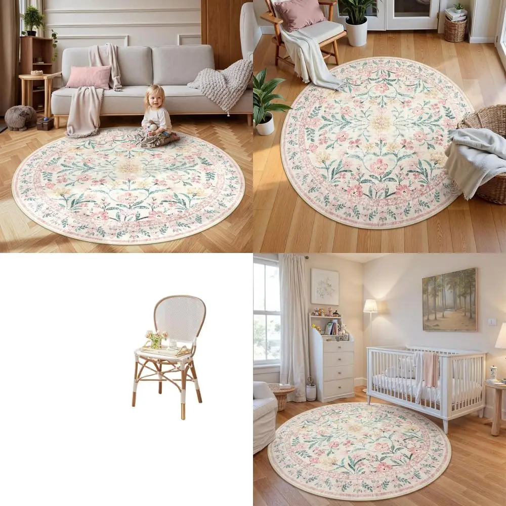 

6ft Pink Floral Round Rug - Boho Style Soft Thin Carpet for Bedroom, Playroom, Living Room, Nursery