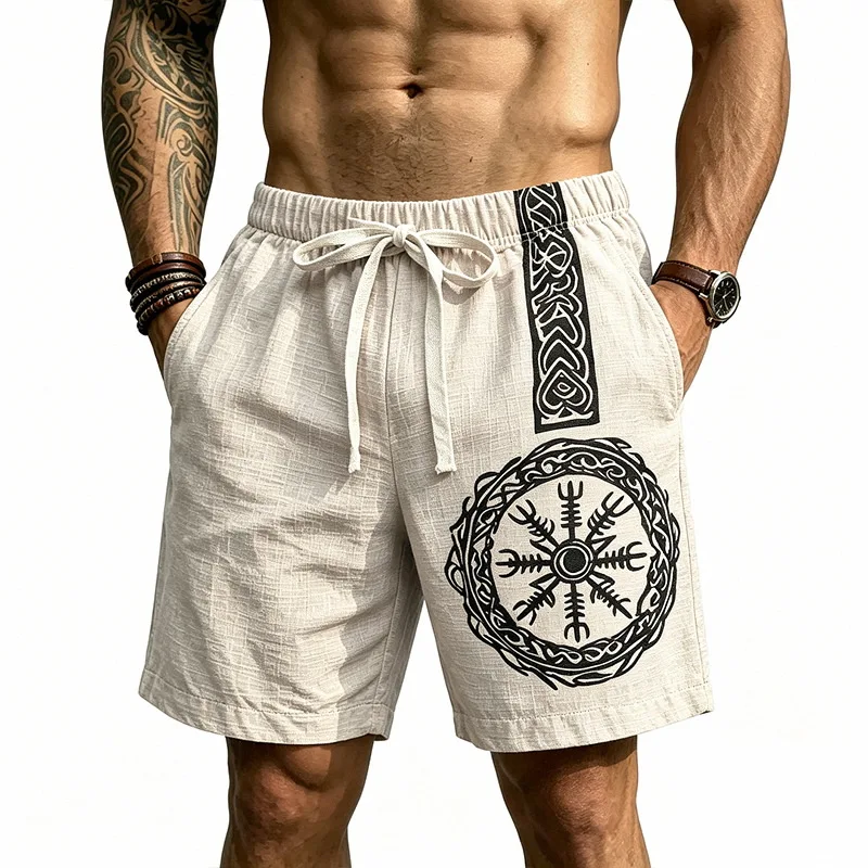 

Men Summer Linen Shorts American Retro Medieval Viking Style Casual Loose Short Pants Beach Vacation Streetwear Shorts for Men