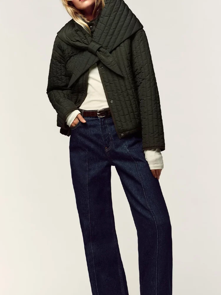 

European and American style autumn new fashion trend women's clothing stand collar detachable scarf cotton jacket coat