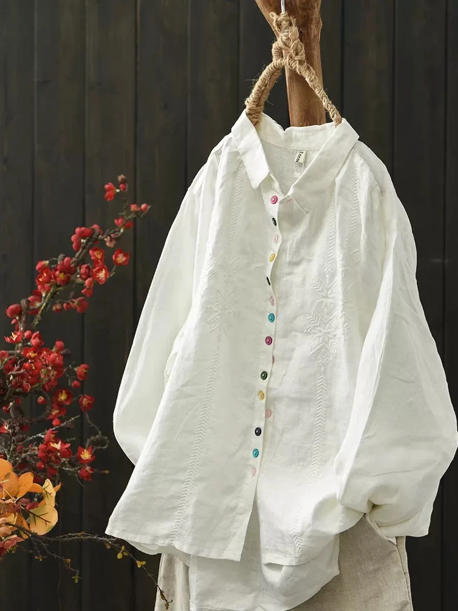 

Ретро-этническая женская рубашка с вышивкой и пуговицами, хлопковая, свободного кроя, с длинным рукавом, с воротником, повседневная, осенняя новинка