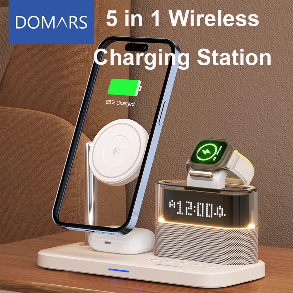 

Магнитное беспроводное зарядное устройство Domars 5 в 1, подставка Qi2, светодиодный ночник, будильник для Samsung iPhone Watch, станция быстрой зарядки