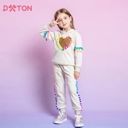 DXTON Winter Girls Clothing Sets Thick Kids Hoodies And Pants Warm Children Clothes Suits Heart Sequin 2pcs Set Girls Sportswear