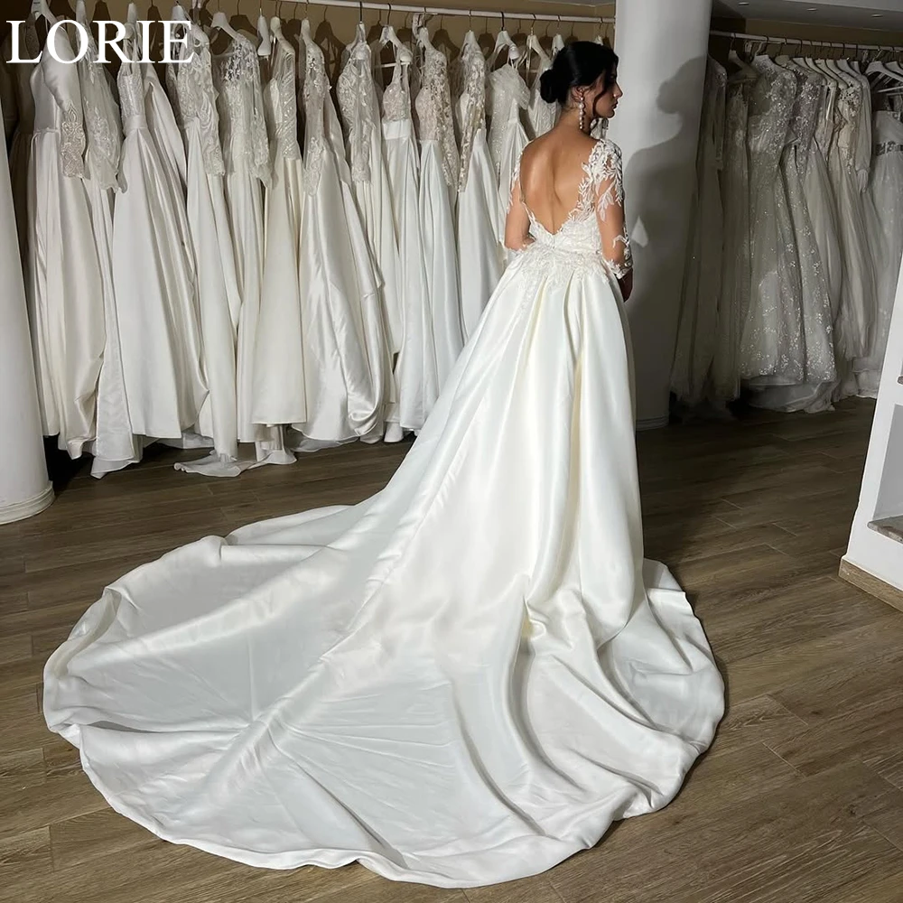 LORIE Elegant Satin Wedding Dresses Mermaid Scoop Lace Appliques Detachable Train Bride Prom Gown 2025 Bridal Gowns Customized