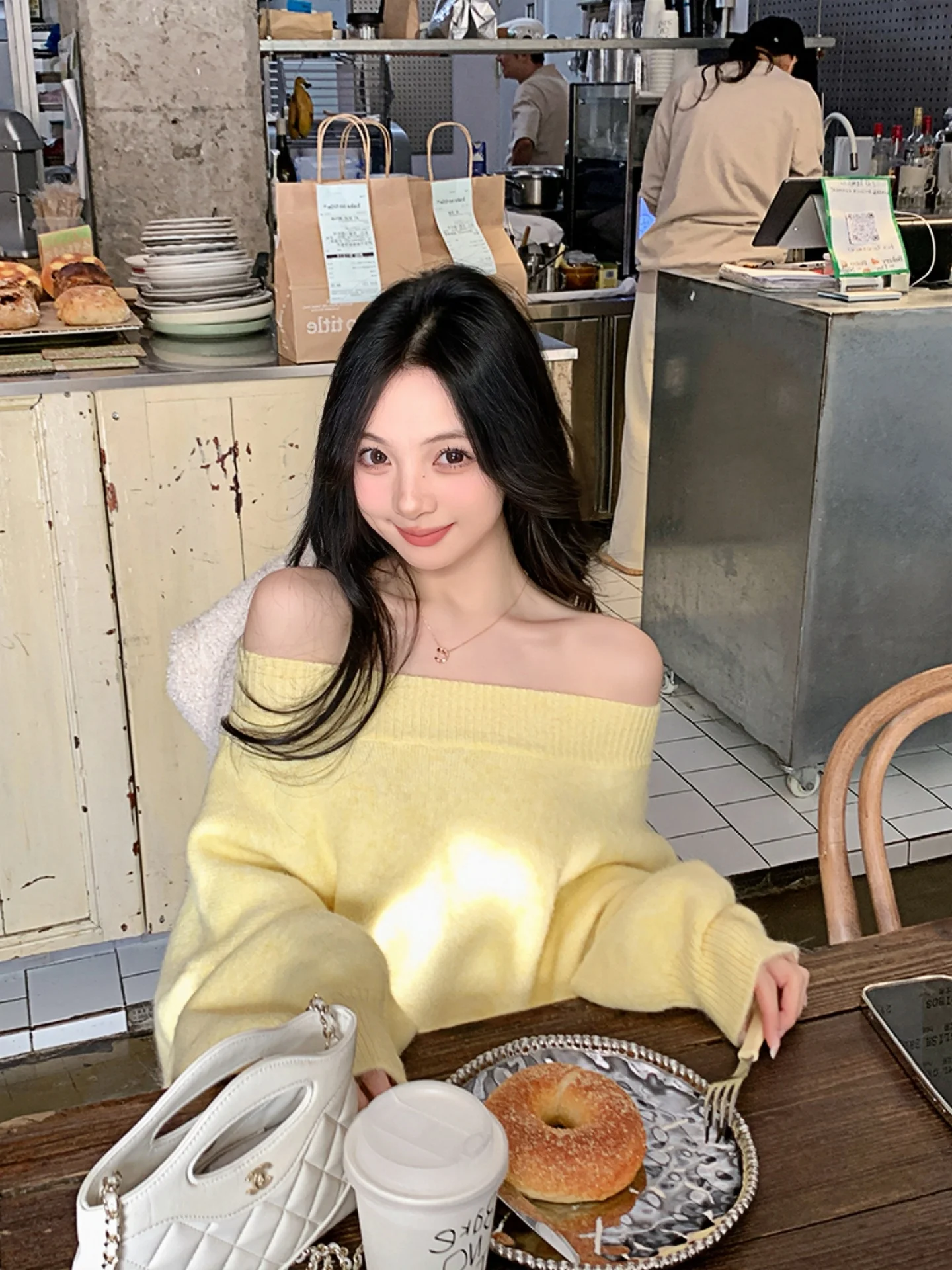 

Yellow Shoulder Bared Long Sleeve Knitted Sweater Women's Loose Comfortable Unique Beautiful Gentle Autumn Winter Fashion Top