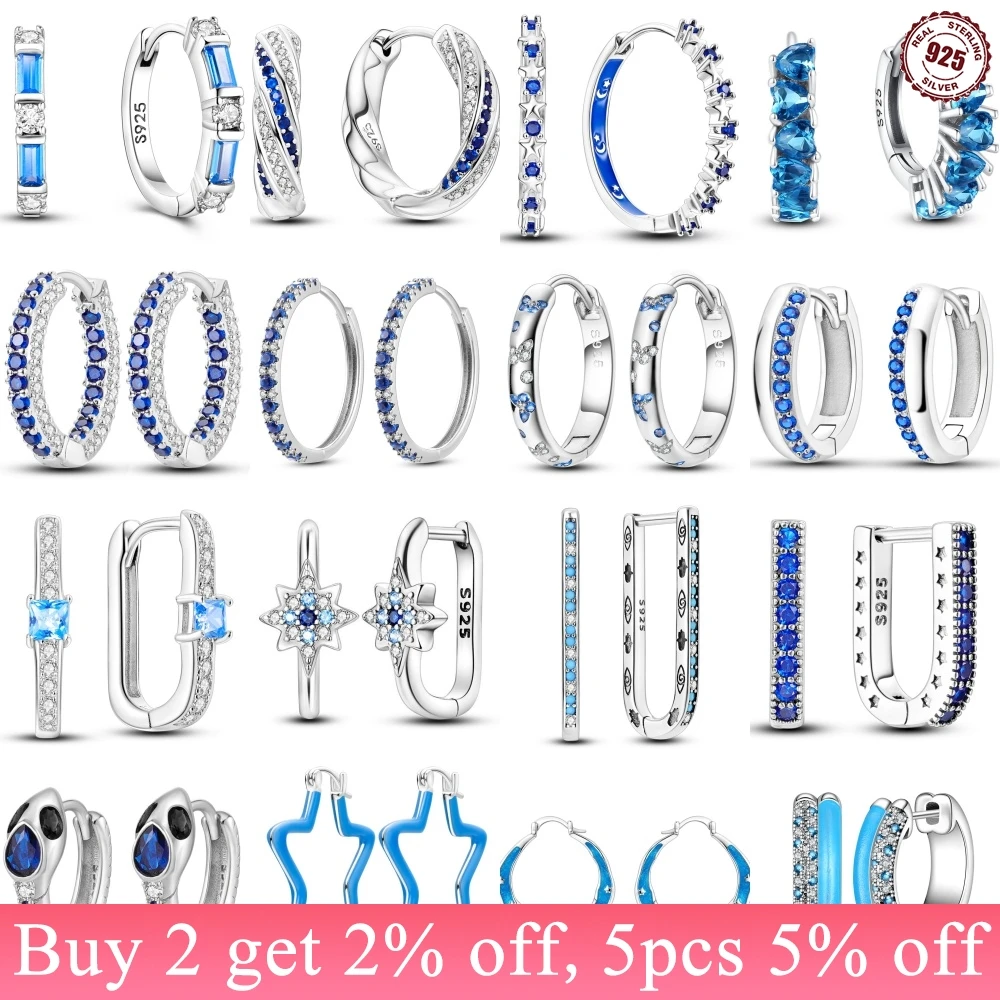 925 Sterling Silver Geometric Minimalist Blue Series Jewelry Fashion Zircon Circle Hoop Earring For Women S925 Gift Accessories