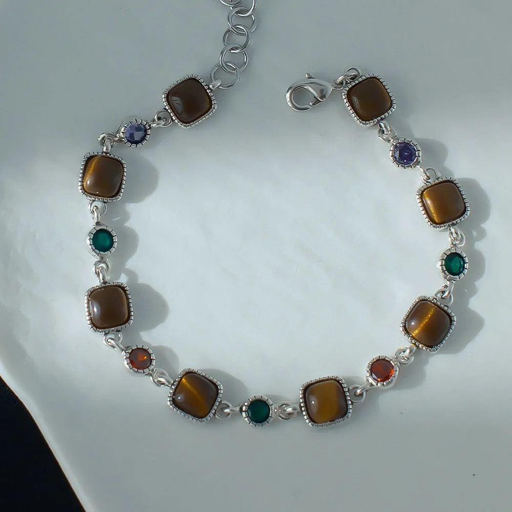 100% Solid 925 Sterling Silver Metal Bracelet for Women Vintage Handmade Simple Brown Stone Bracelet Birthday Gift Party