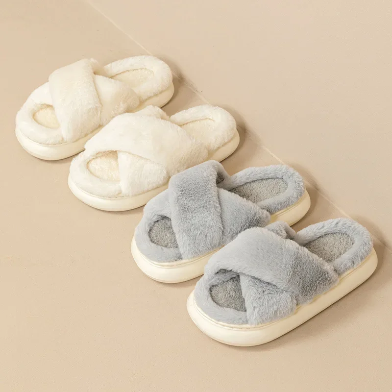 Women's Slippers Comfortable Soft All Season Linen Slippers Indoor Anti Slip Soft Soles Crossed Plush Slippers Home Casual Shoes