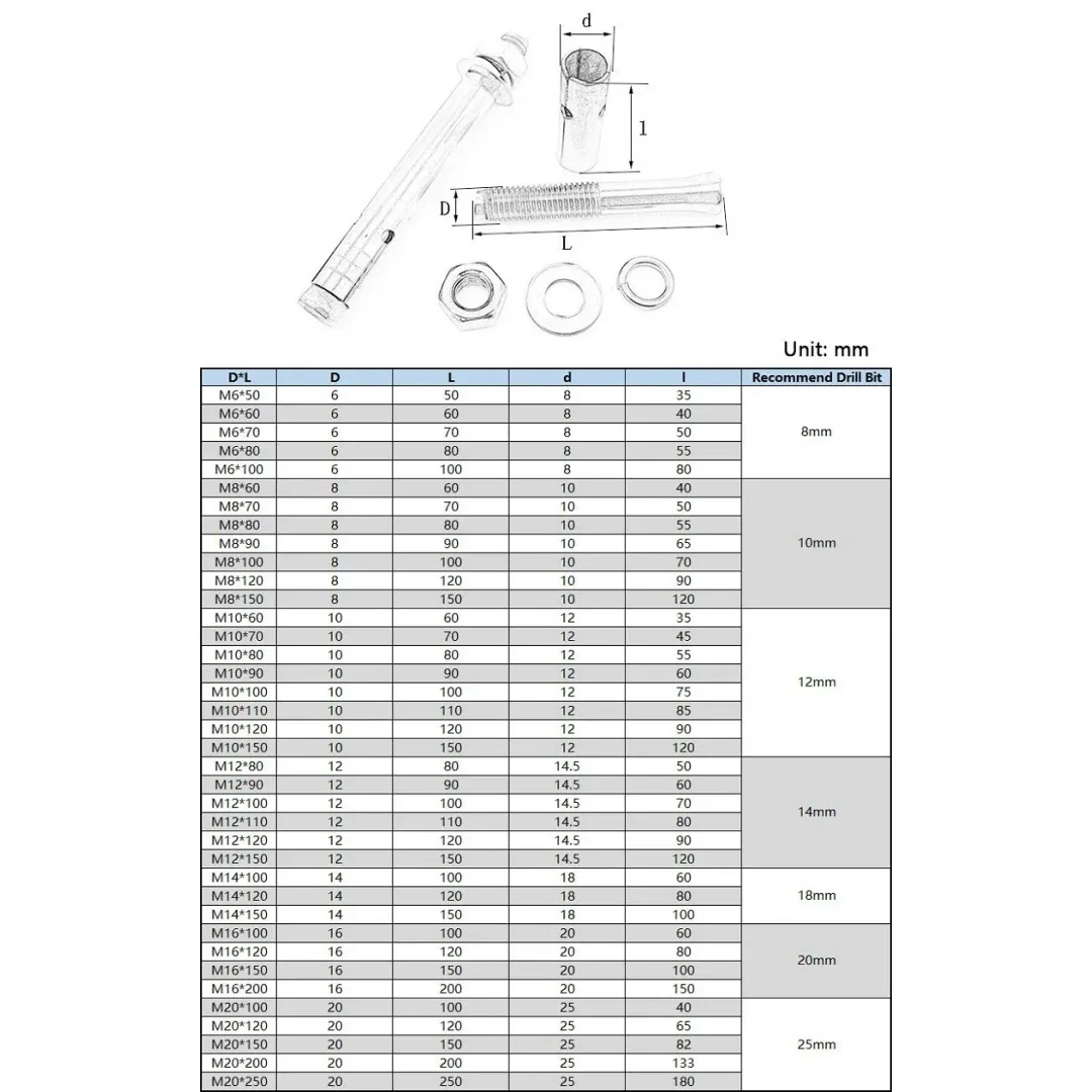 304 Stainless Steel Heavy Duty Expansion Bolt Anchor Sleeve Concrete Anchor Bolt Link Rod Wall Fastener Nail M6M8M10M12M14M16M20
