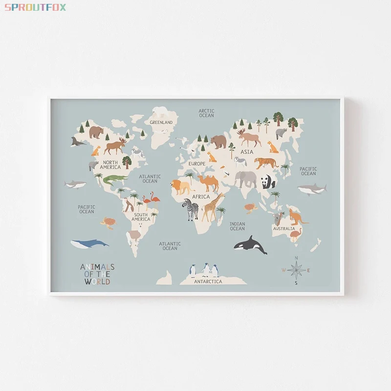 Mapa del mundo, pintura en lienzo, tema de animales Pastel, arte educativo de pared, carteles nórdicos e impresiones de imágenes para decoración de