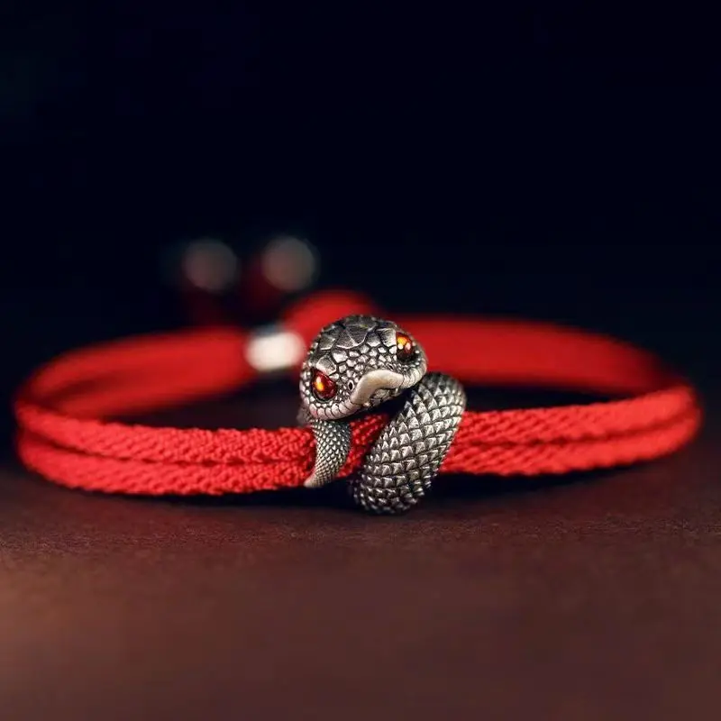 Vintage 3D Metal Snake Purple Braided Bracelet, Adjustable Purple Cord Wristband With Purple Crystal Eyes Snake Charm
