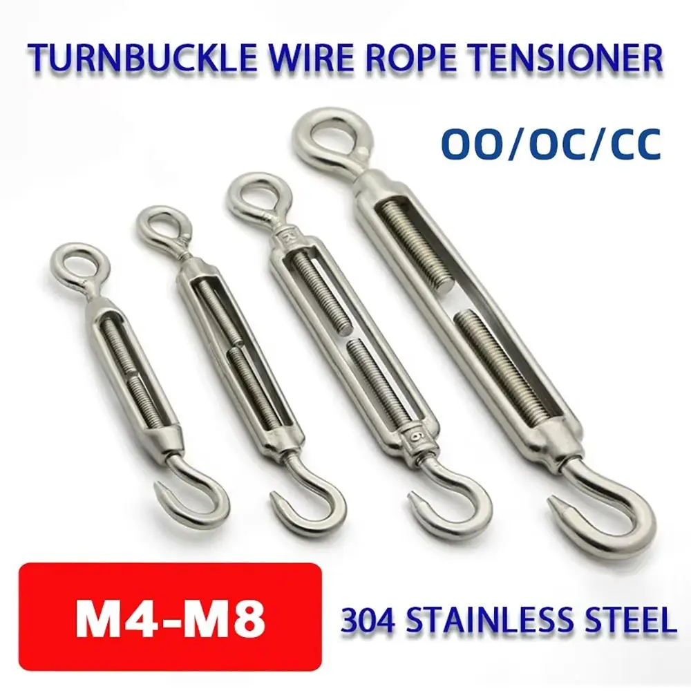 1Pcs Hooks & Eye Turnbuckle Wire Rope Tensioner 304 Stainless Steel M4/M5/M6/M8 Tension Device Line Adjustable Oc Oo Cc Type