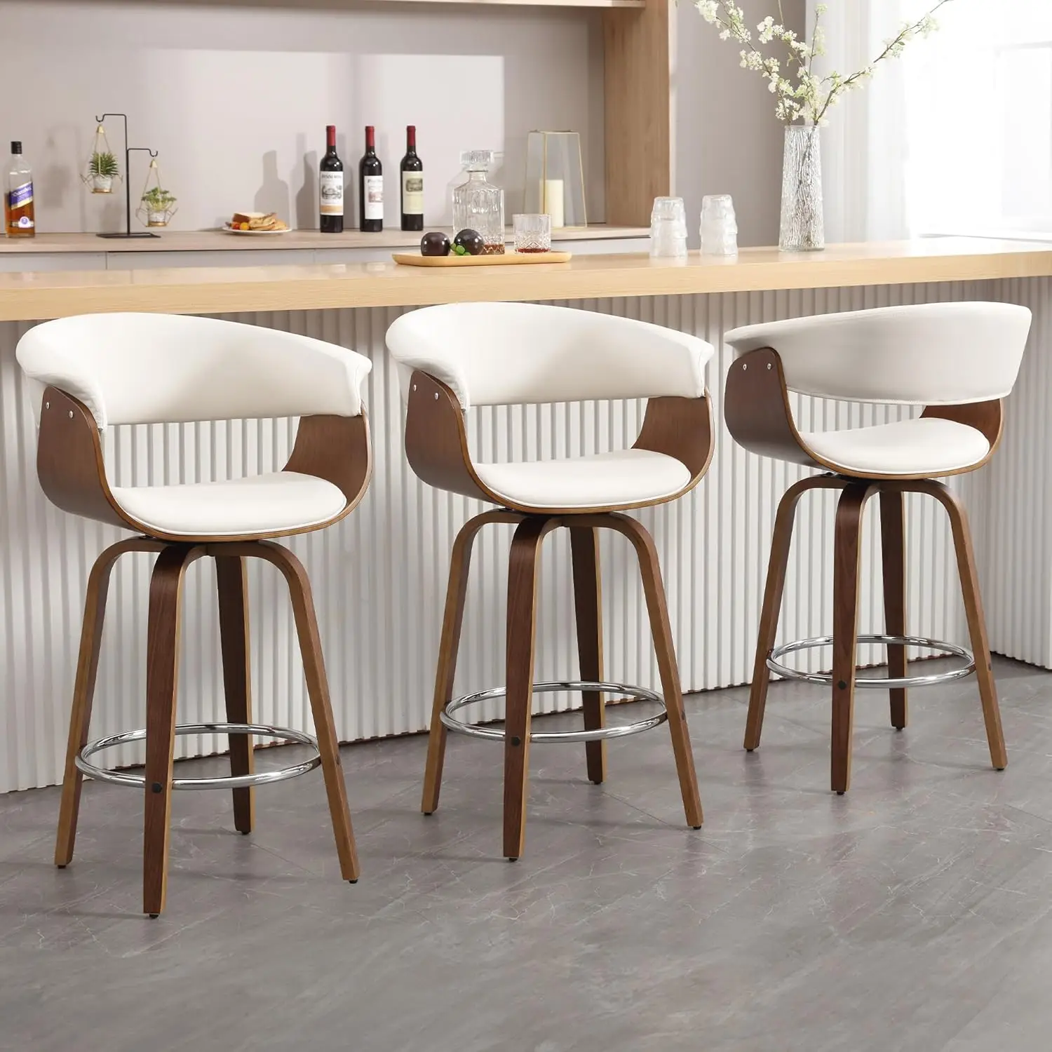 

26in Swivel Counter Stool Set Faux Leather Walnut Bentwood Leg Mid-Century Modern Kitchen Island White 3pcs,Customized