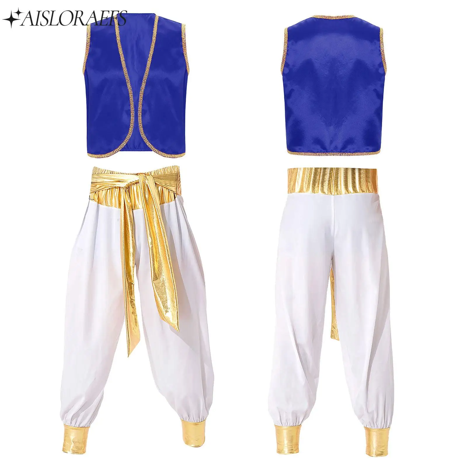 

Mens Mythical Prince Carnival Cosplay Outfit Halloween Party Arabian Prince Role Play Open Front Vest Waistcoat+Pants Dancewear