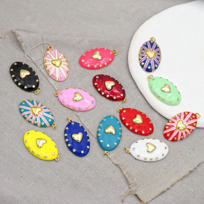

5Pcs Oval Hearts Heart Shape Point Pendant Gift For Her Cubic Zirconia Copper Gold Color Enamel Approx 21x39.7mm Jewelry