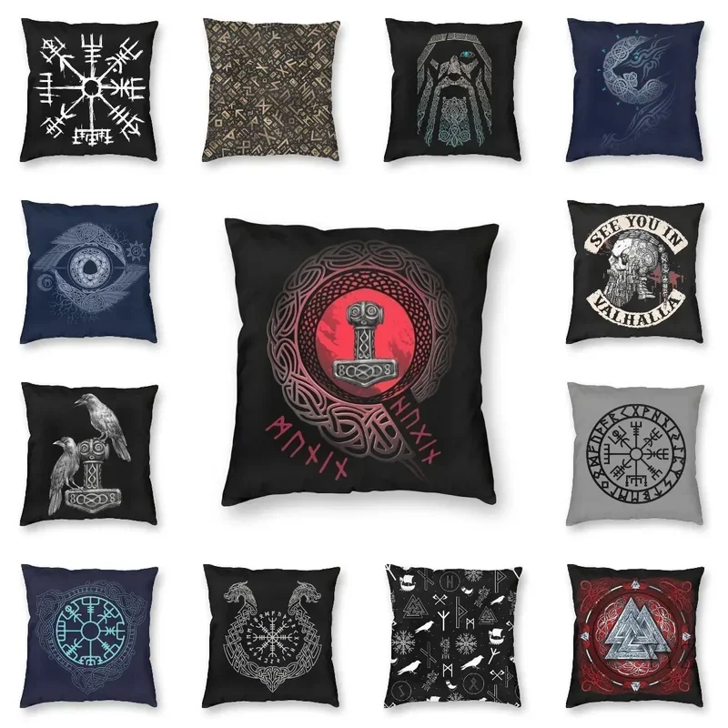 Viking Runes Thor Mjolnir Cushion Covers Sofa Home Decorative Norse Valhalla Odin Square Throw Pillow Cover 45x45