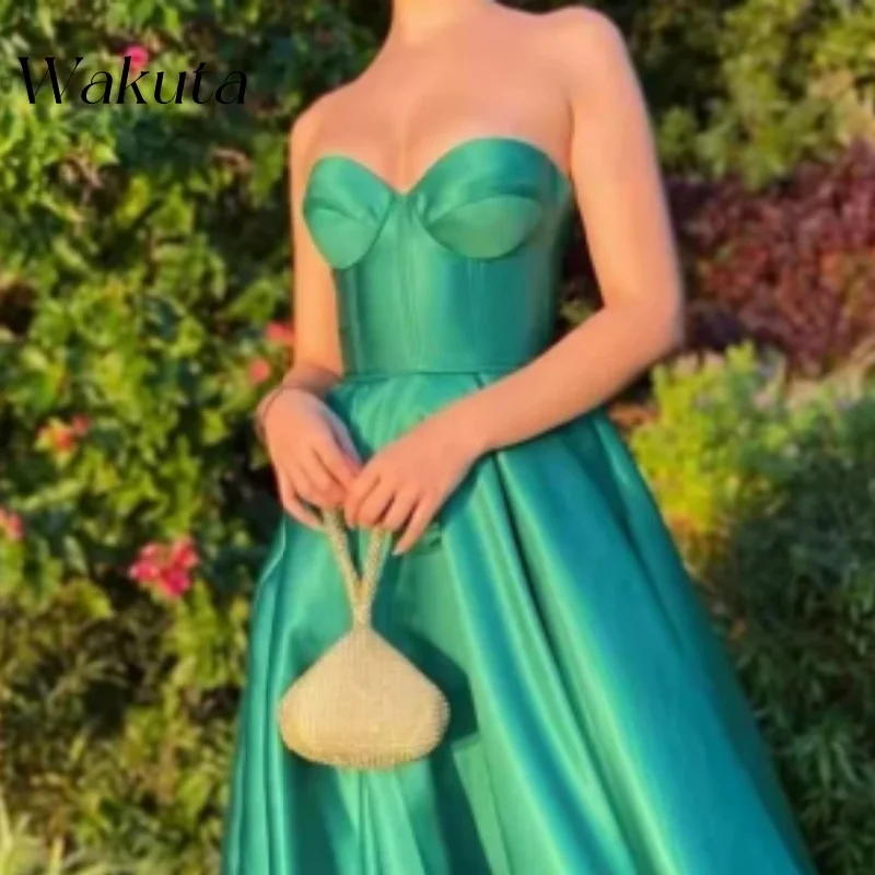 Wakuta Elegant Solid Off The Shoulder Satin Vestido Elegante Mujer Sleeveless A Line Formal Party Evening Gowns Платье Свадебное