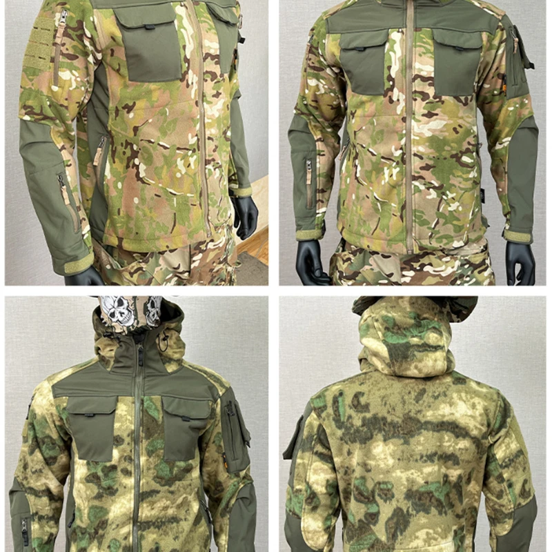 Tactical Camouflage Jacket Men Fleece Multi Pocket Wear-resistant Training Soft Shell Clothing Patchwork Outdoor Warm Combat Top