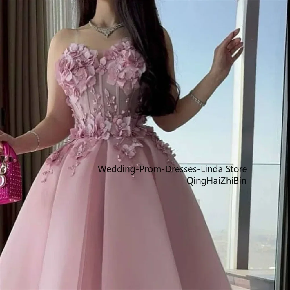 Pink 3D Flower A-line Floor-Length Organza Evening Dresses for Women Prom Party Gala Special Events Dress 2024 Customized