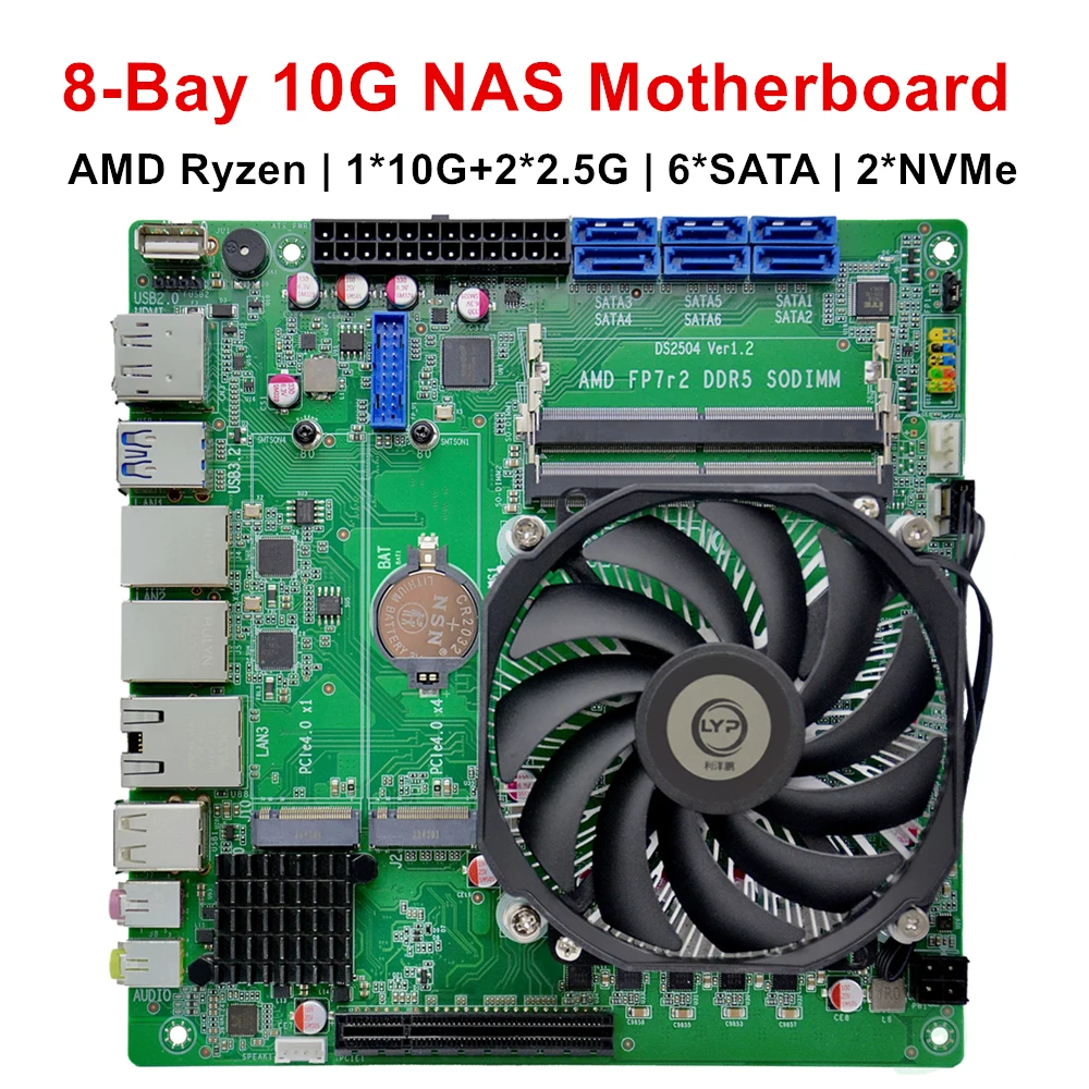 Carte mère de jeu Topton 8 baies 10G Firewall NAS ITX AMD Ryzen 7 8845HS PRO 6850U 10G+2*2.5G LAN 2*NVMe 6*SATA PCIEx8