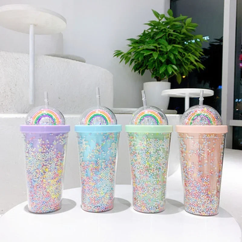 550ml Cartoon Cute Rainbow Cup with Straw Double Plastic BPA Free Woman Girl Water Bottle for Juice Milk Coffee Drinking Tumbler