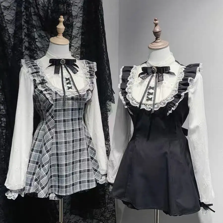 

Mine series Japanese Sweet Long Sleeve Set Lace Pearl Bow Mysterious Temperament Dress Shorts Set