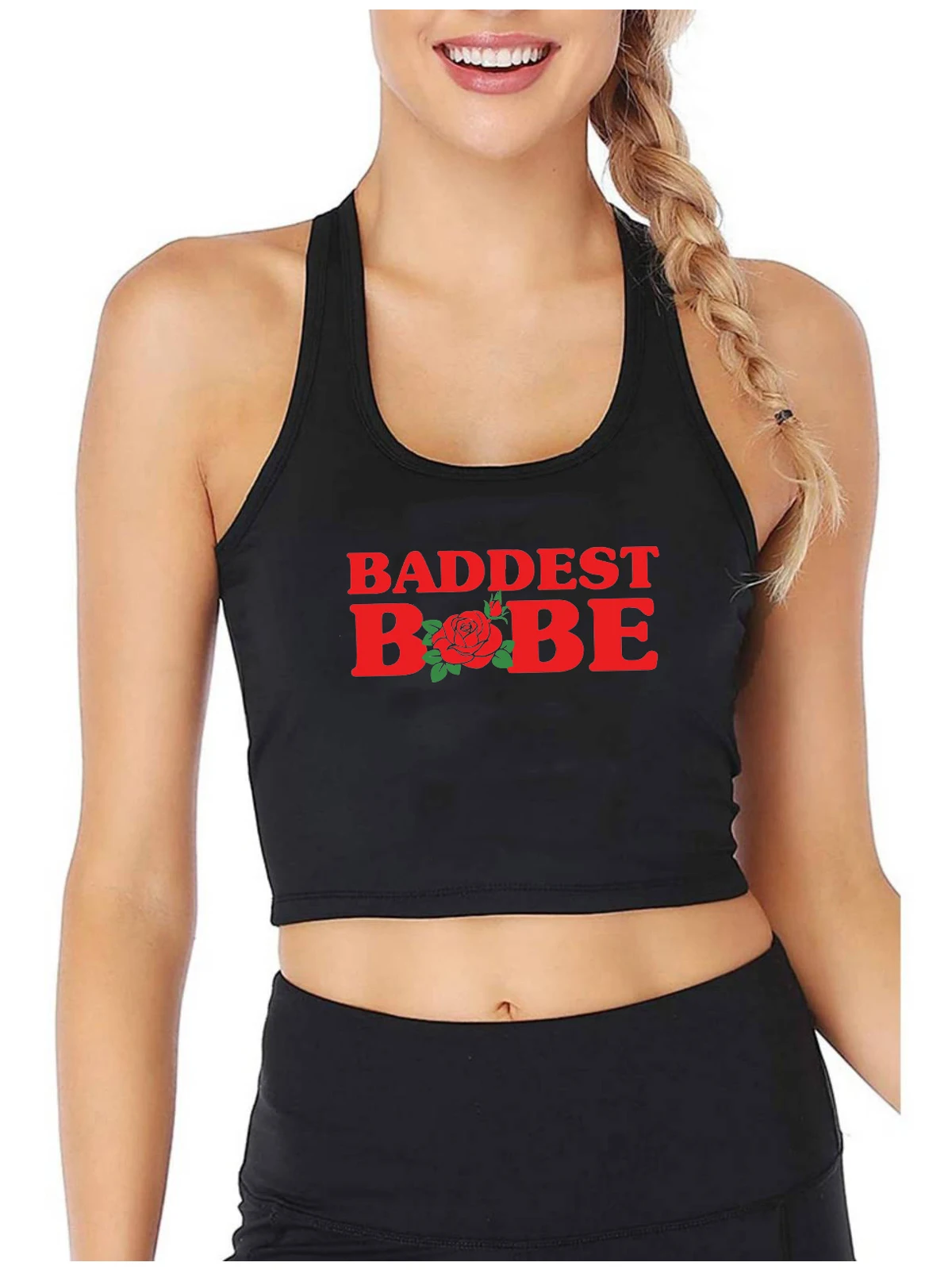 

Rose Pattern Baddest Babe Print Sexy Slim Fit Crop Top Hot Girl Naughty Flirtation Style Tank Tops Customizable Sports Camisole