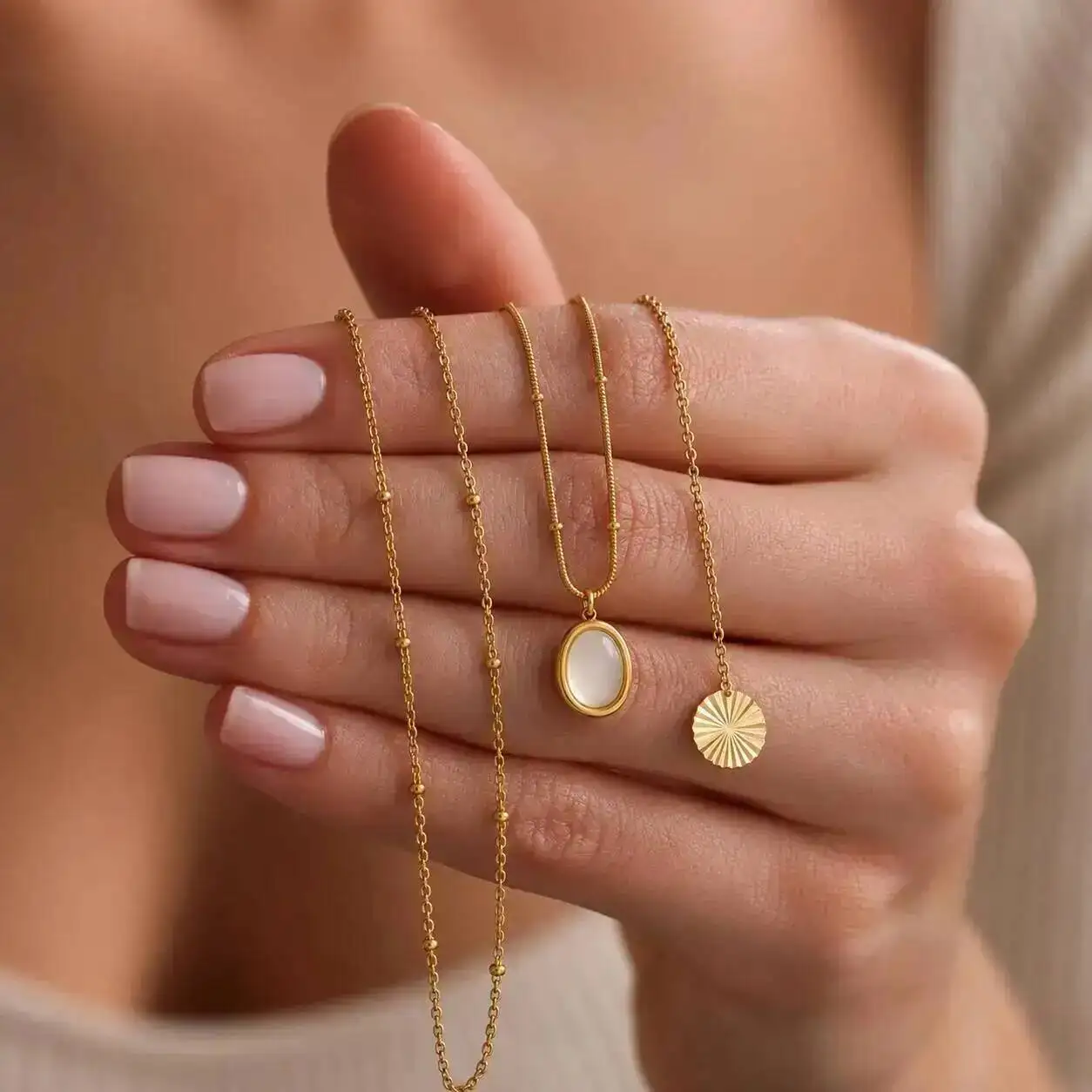 KunJoe 3 Pcs Fashion Stone Opal Oval Pendant Necklace Women Stainless Steel 18K Gold Plated Chain Wedding Aesthetic Jewelry Gift