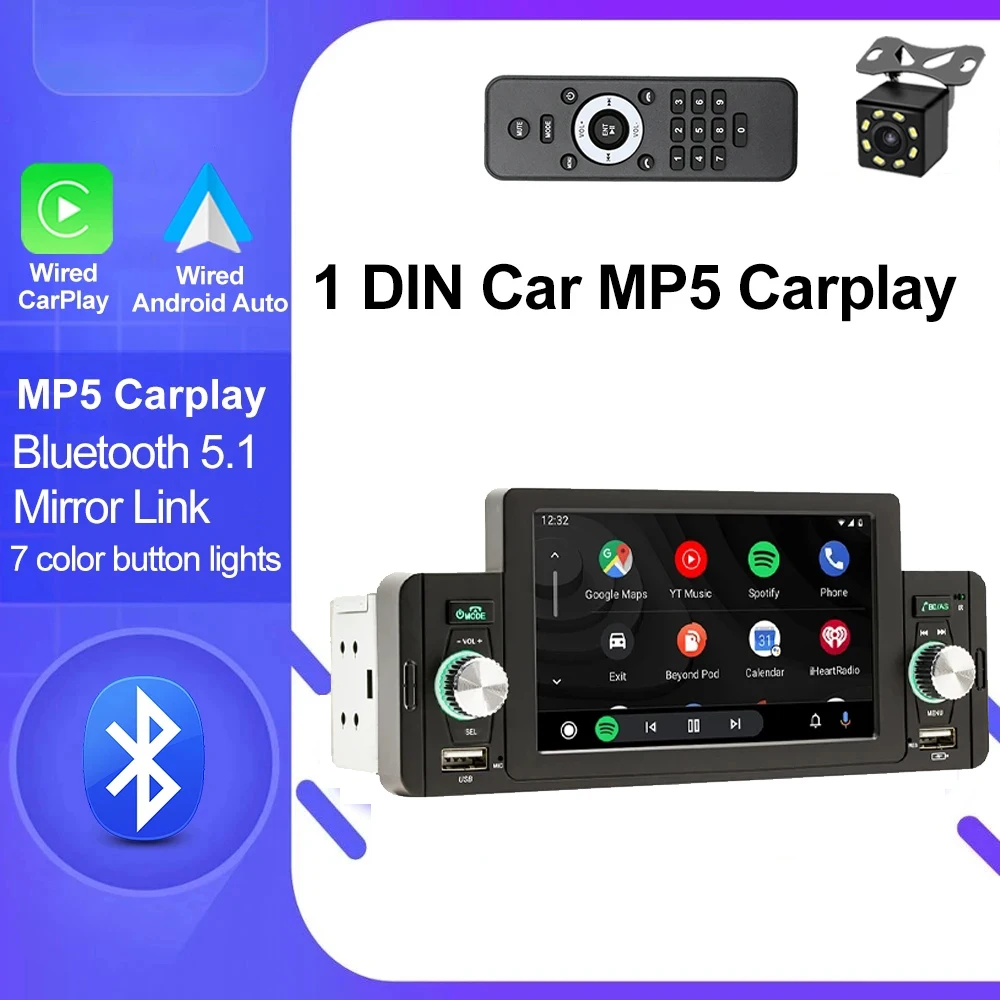 

Universal Car Multimedia MP5 Player Single 1DIN 5" Mirrorlink USB Bluetooth FM AUX Handsfree Android AUTO/ CarPlay