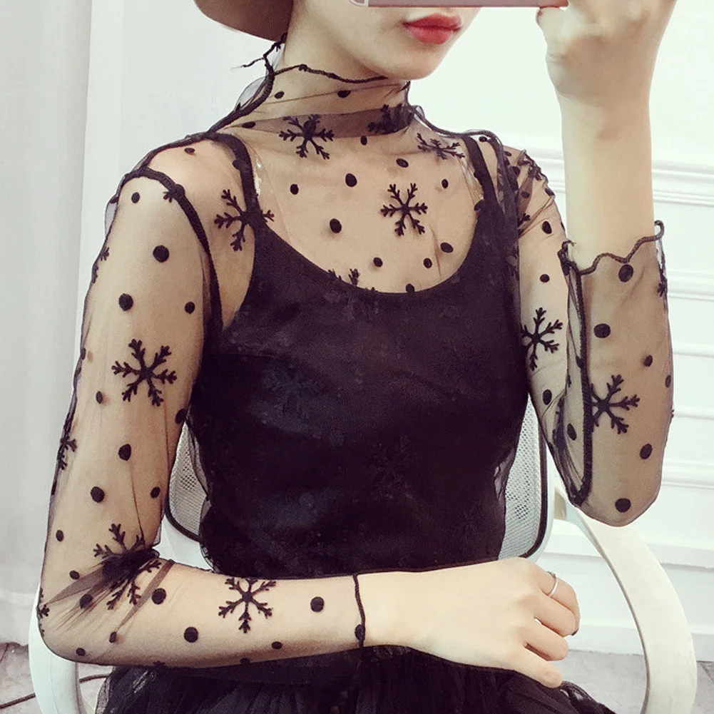 New Women Fashion Lace Floral T Shirt Transparent Mesh Ladies Tops Sheer Blouses Autumn See-Through Turtleneck Black Long Sleeve