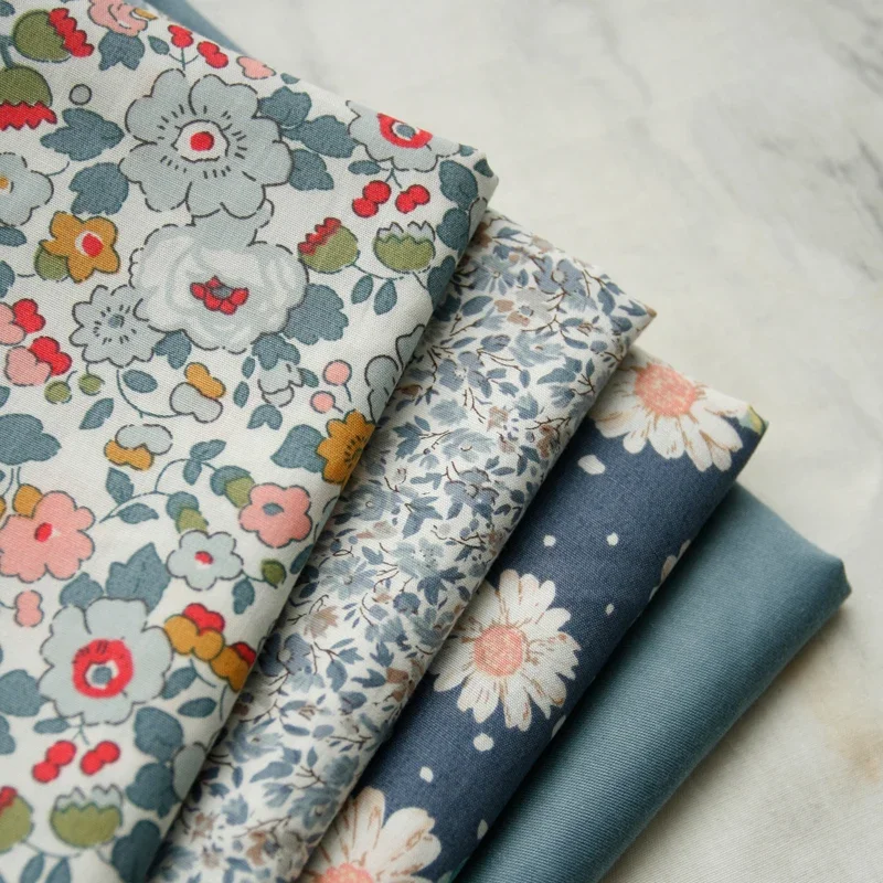 145x50cm Gray Blue Small Floral Thin Cotton Sewing Poplin Fabric, Making Girl's Summer Dress Shirt Clothing Sewing Cloth
