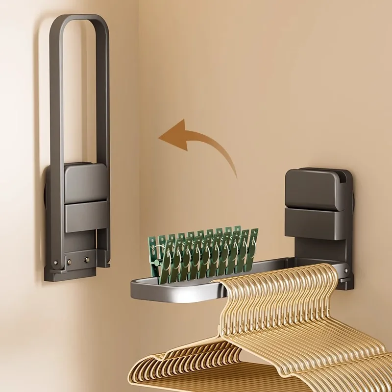 Retractable Folding Clothes Hanger Holder Punch-Free Wall Mount Storage Rack Multi-function Laundry Clip Organizer For Balcony