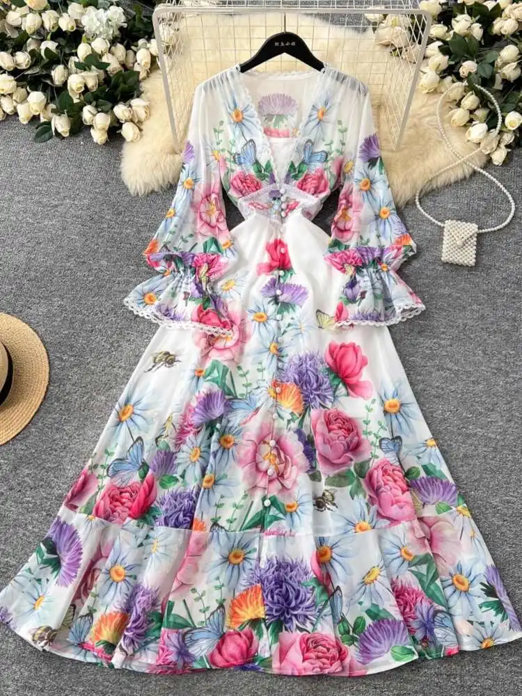 

Women Elegant Floral Dress Vintage Deep V-neck Lace Patchwork Dresses Ladies High Waisted Ruffle Printed Party Dress Vestidos