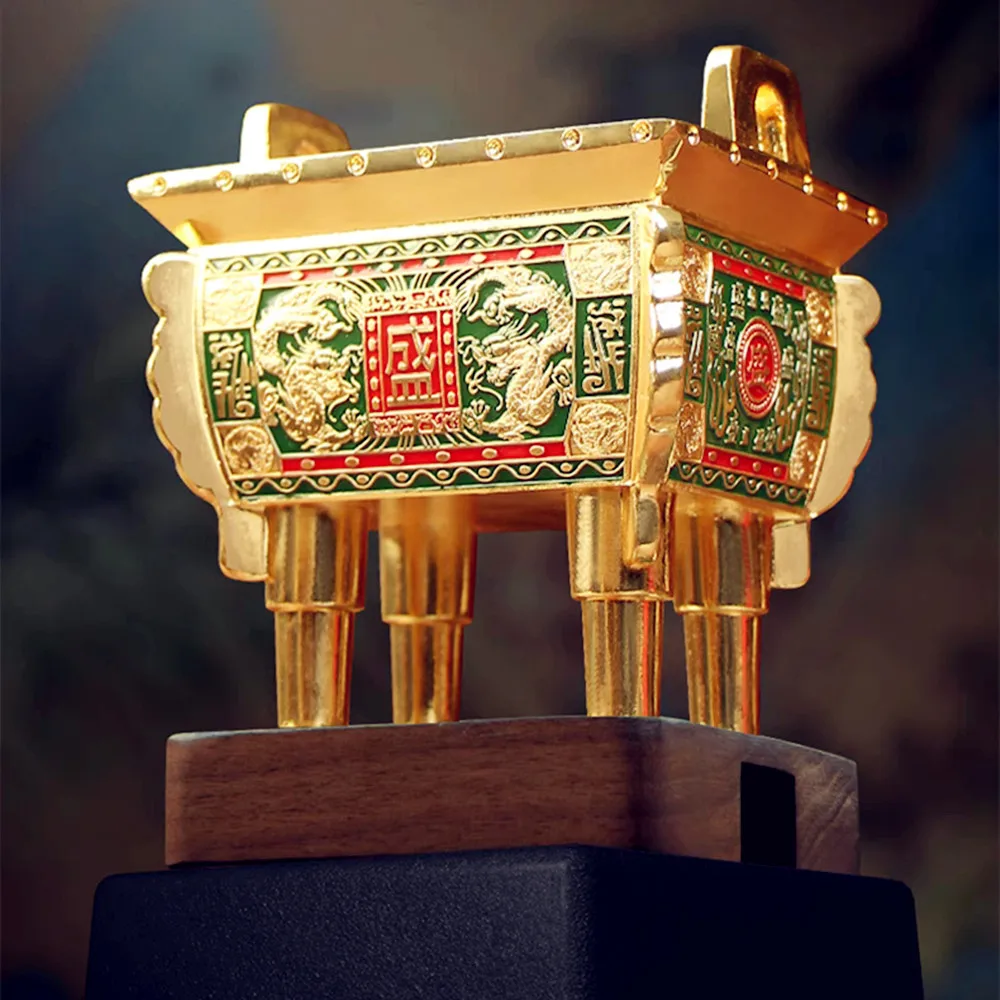 Hot Selling Metal Square Ornament Auspicious Double Eared Cauldron Incense Burner Golden Square Cauldron Home Chinese Ornament