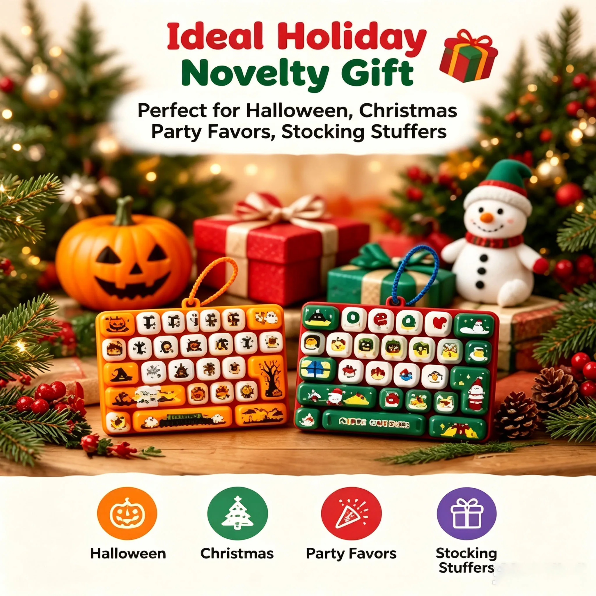 Christmas Halloween Press Keyboard Fidget Keychain 26 Buttons Portable Stress Relief Sensory Holiday Novelty Gift for Kids Teens