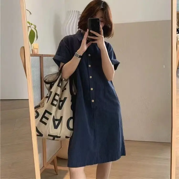 Cotton Linen Short Sleeve  Collar Dress Women's Simple Summer New Style High Waist Straight Cut Dress Midi Length Skirt
