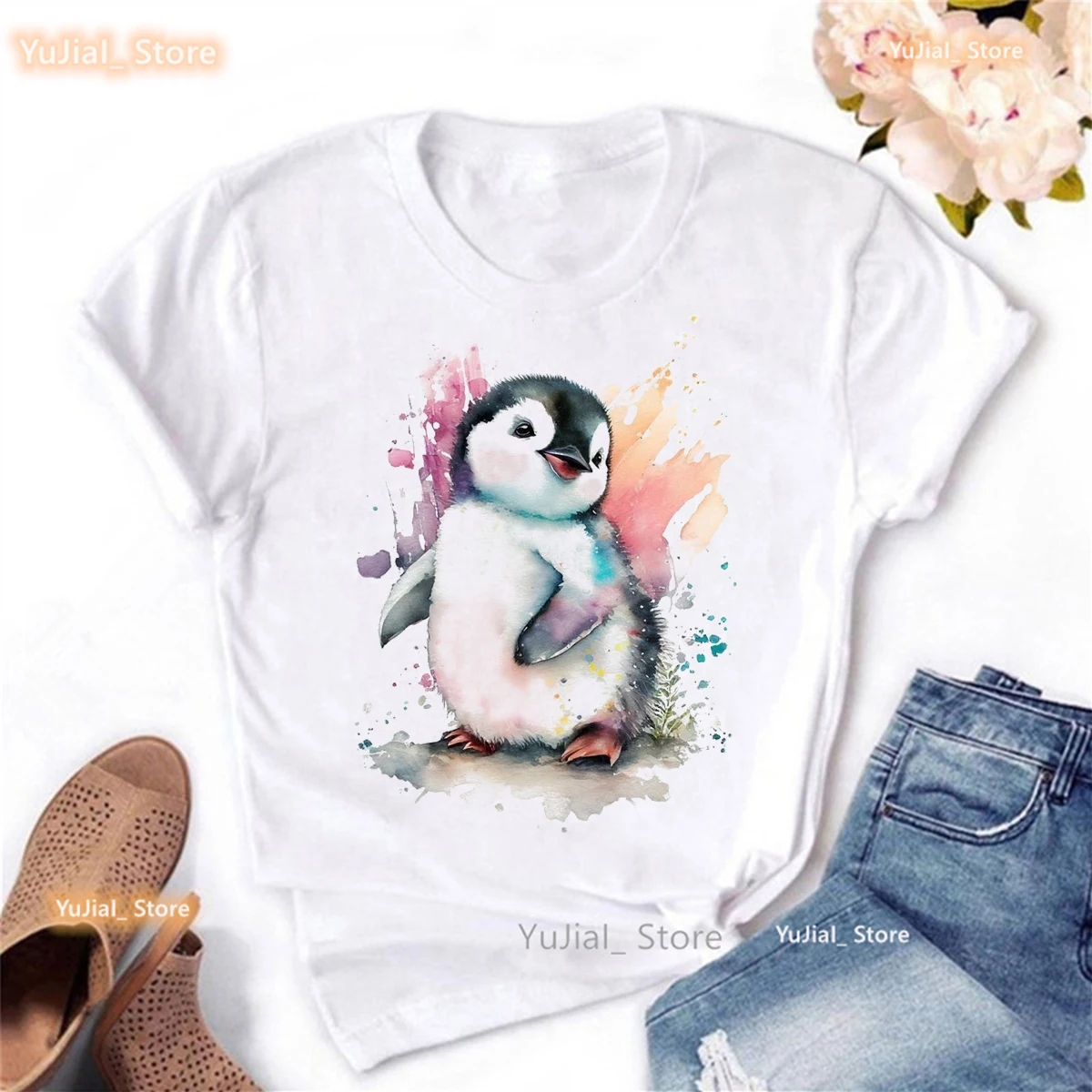 Watercolor Penguin Animal Print T Shirt Girls Funny White Casual Tshirt Women Harajuku Kawaii Clothes Summer Tops Tee Shirt