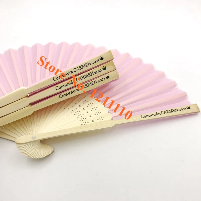 Imagem -03 - Personalizado Wedding Fold Fan Impressão de Seda Noiva e Noivo Nome e Data Bambu Mão Personalizado Brinde Promocional 100 Pcs