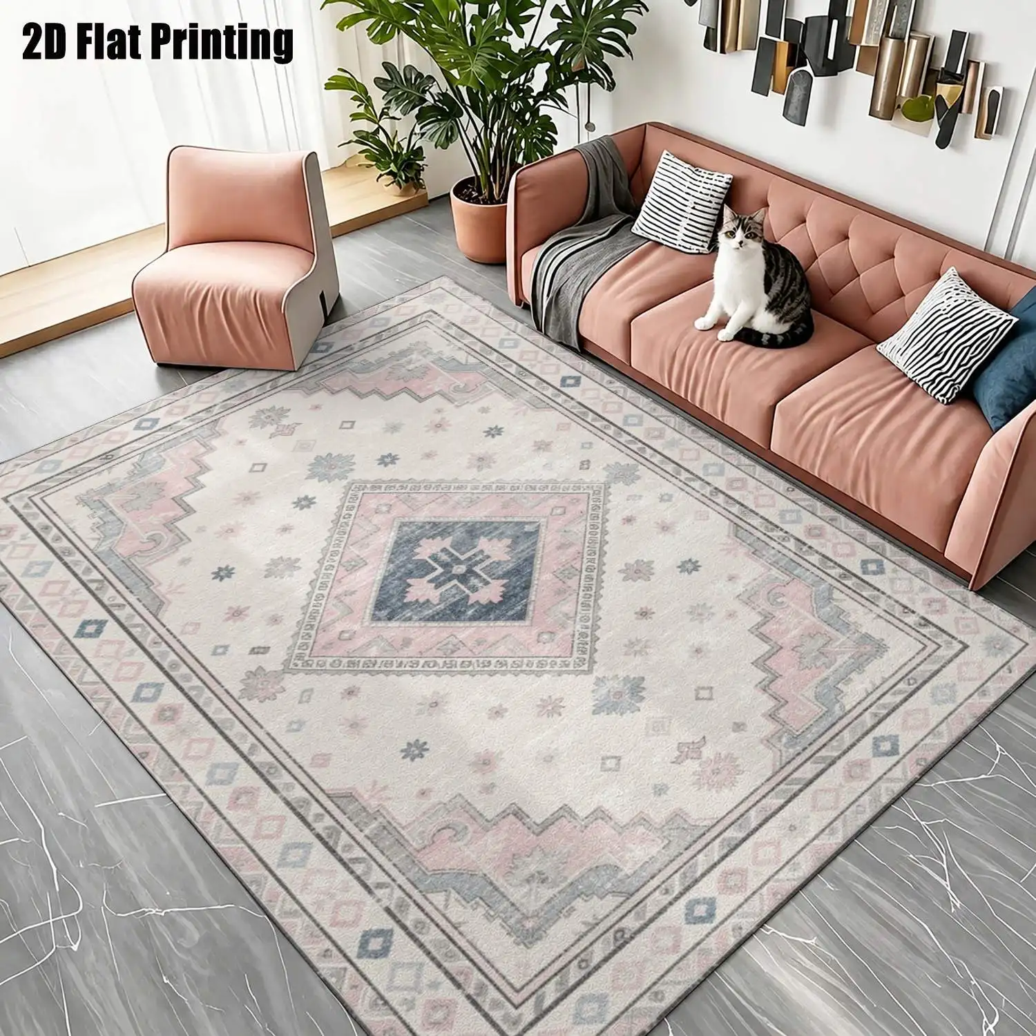 1Pc 2D Printed Carpet: Pink-Blue Geometric Diamond Pattern, Nordic/Instagram/Modern Minimalist/Vintage/Bohemian Style, Multi-Size, Machine Washable, for Entrance, Dining, Foyer, Bedroom, Living Room Home Decor