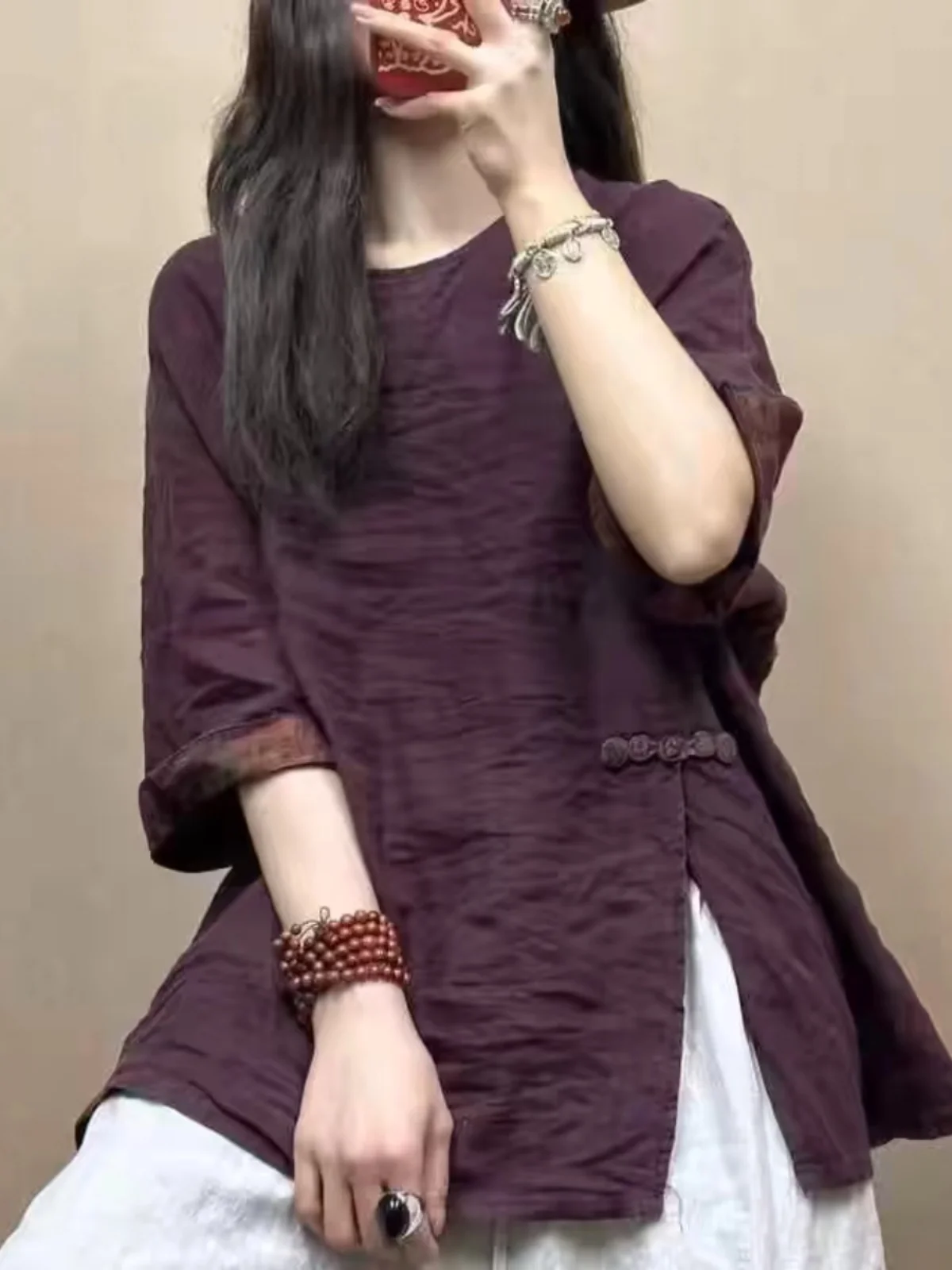 

Original Design Waed Color Linen Side Split irt Women's Trendy ort Sve Top Casual Sle Artistic Pattern Summer Wear
