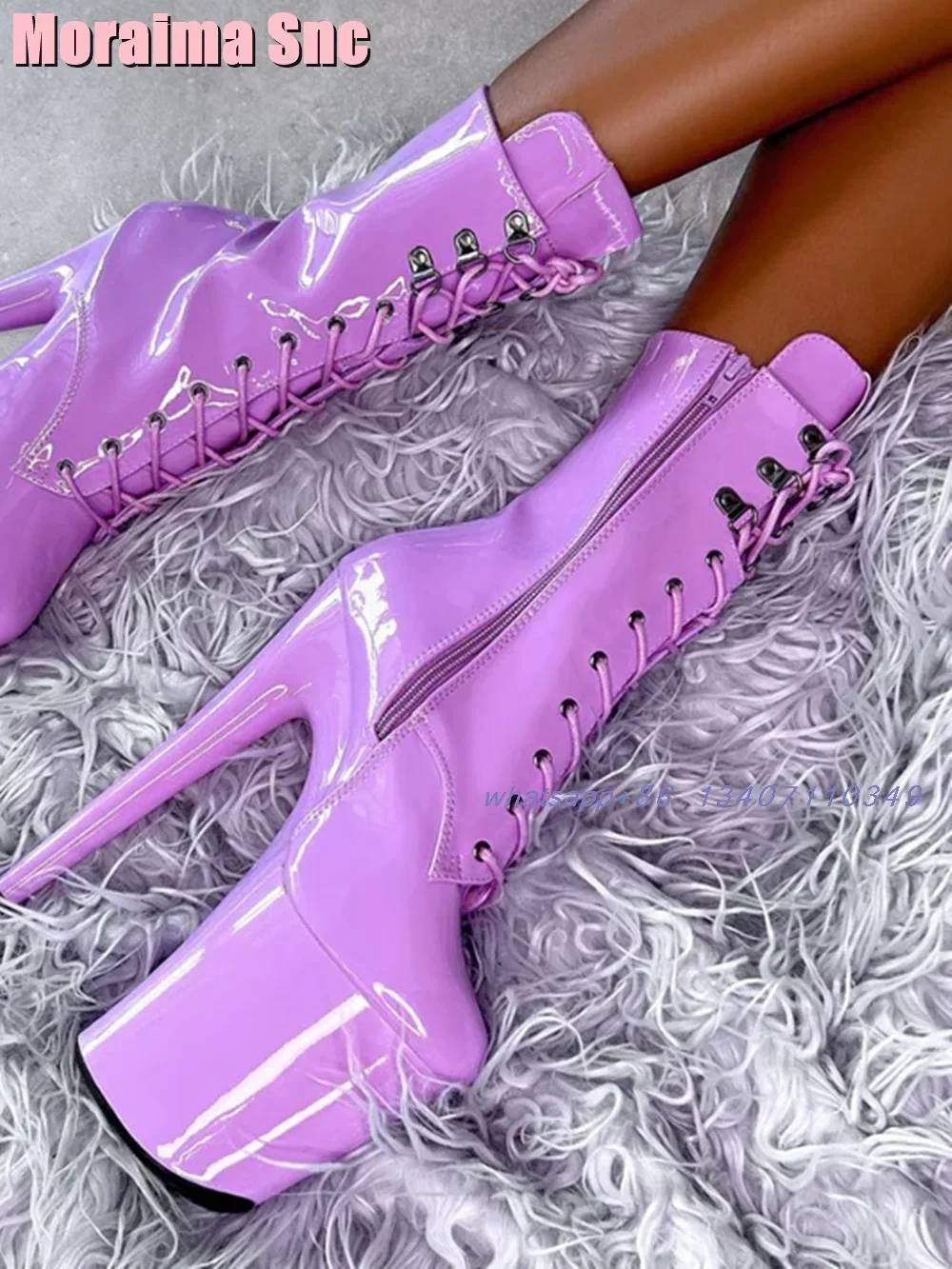 

Sexy Platform Lace-up Ankle Boots Round Toe Stiletto Super High Heel Side Zipper Fashion Patent Leather Women's Dance Boots 2026