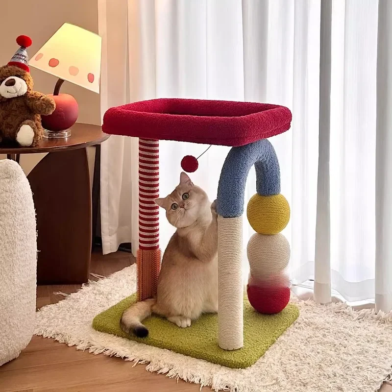 Cozy Plush Cats Bed All-in-One Indoor Cat Scratch Pole U-Shaped Color Ball Cat Tree Durable Pet Playground for Kittens