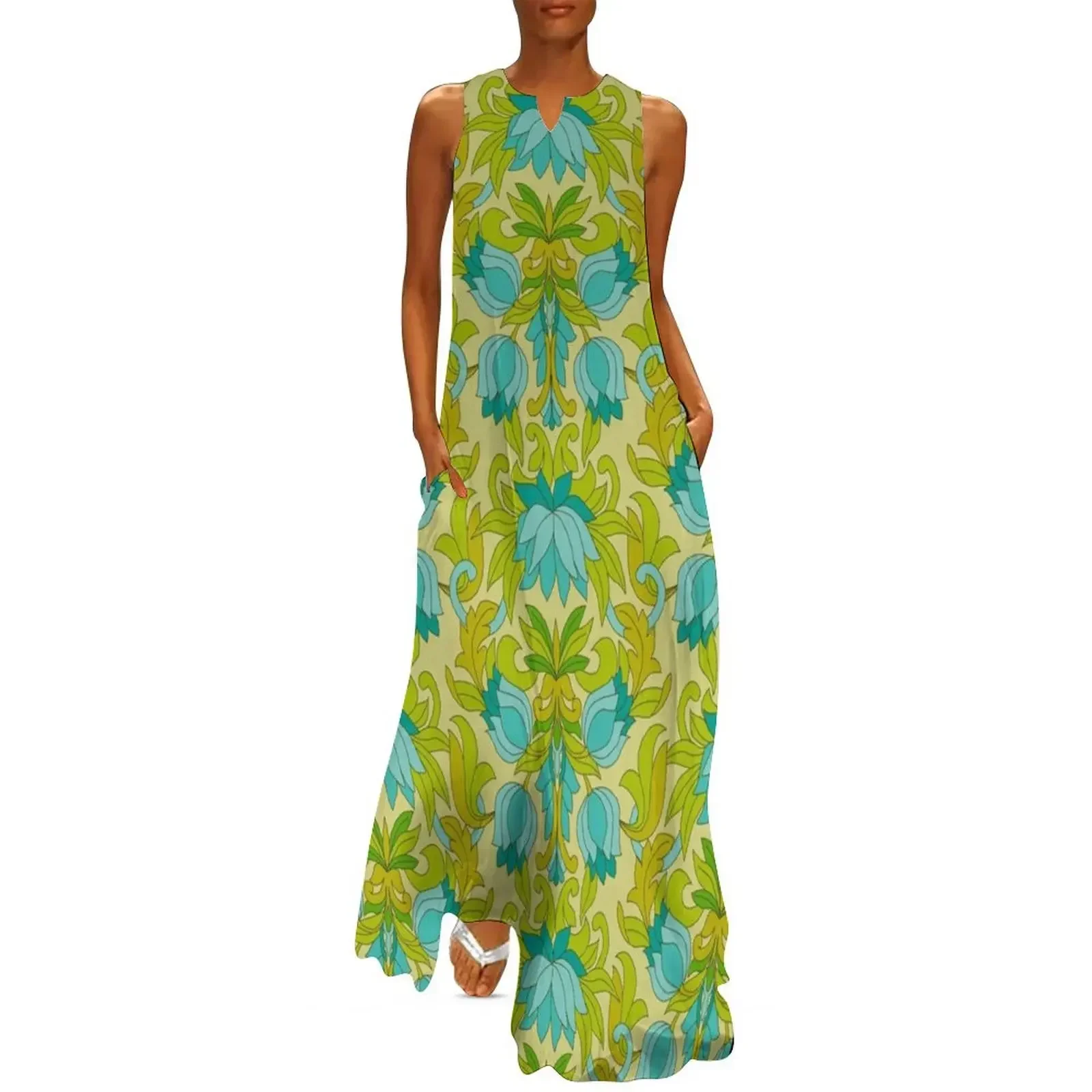 

Turquoise and Green Leaves 1960s Retro Vintage Pattern Long Dress cute dress chic and elegant woman dress