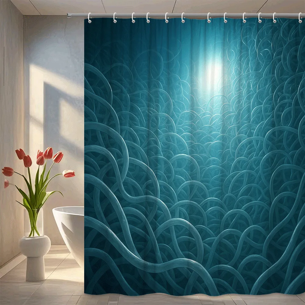 Deep Blue Ocean Wave Pattern Shower Curtain Machine Washable All Season Waterproof Privacy Protection Abstract Design Modern