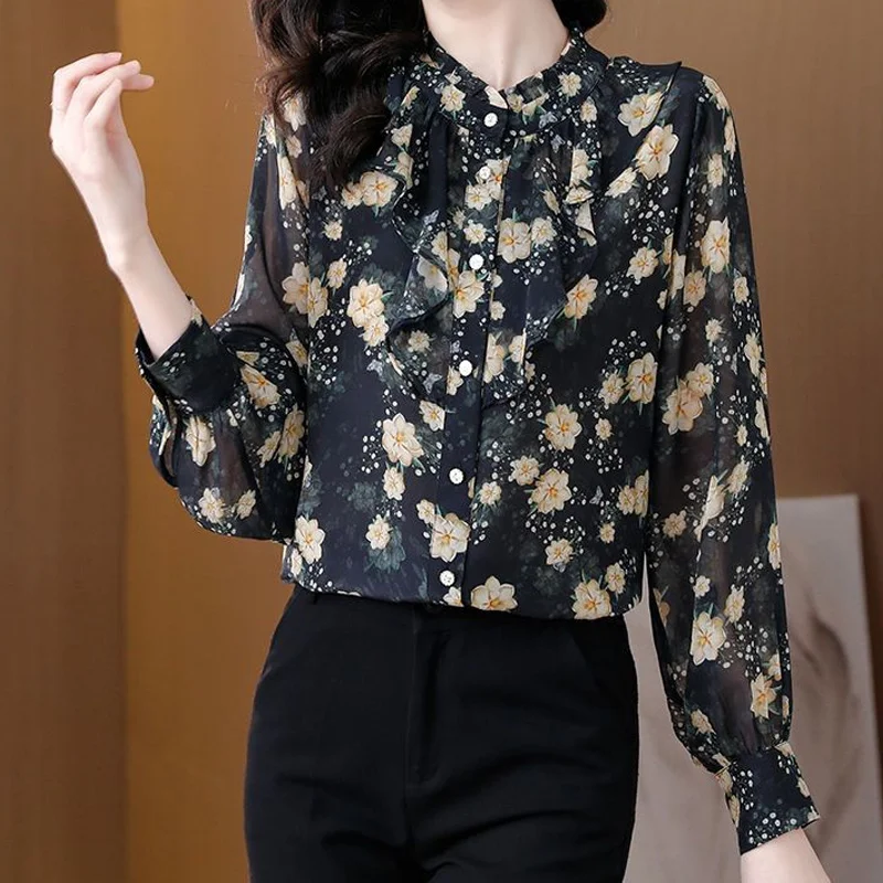 Temperament Floral Thin Blouse Long Sleeve Ruffles Chiffon Loose Printing Shirt Tops Elegant Vintage Women Clothing Summer New